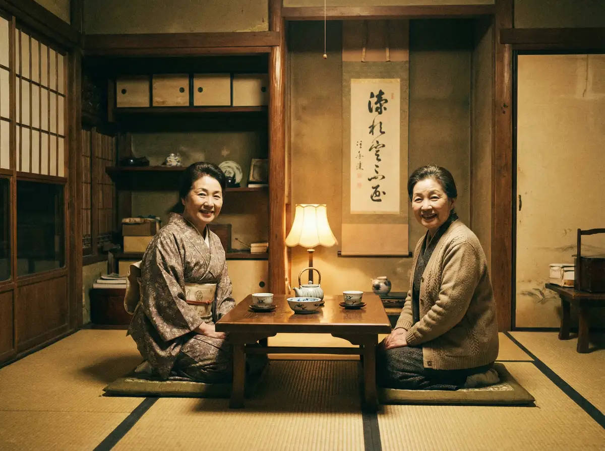 两位优雅的 江南第一深情 在日式茶室中品茶交谈